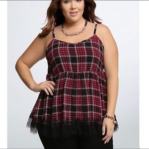 Torrid Red Plaid Lace Trim Babydoll Tank Top